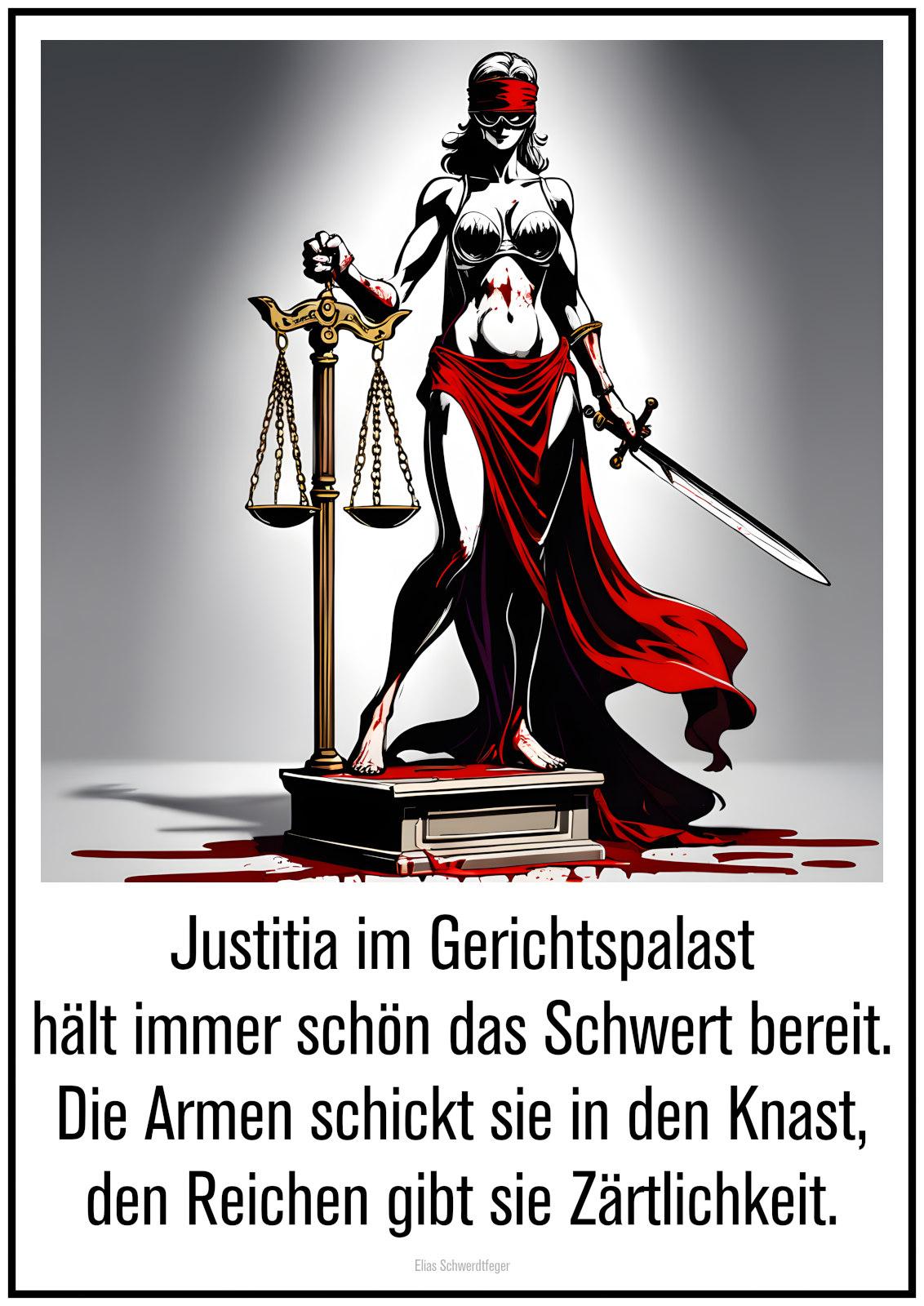 Mit einem angelernten neuronalen Netzwerk generiertes Bild von Justitia, die auf einem Podest mit verbundenen Augen, Schwert und Waage im Blut steht, darunter der Text: »Justitia im Gerichtspalast / hält immer schön das Schwert bereit. / Die Armen schickt sie in den Knast, / den Reichen gibt sie Zärtlichkeit.