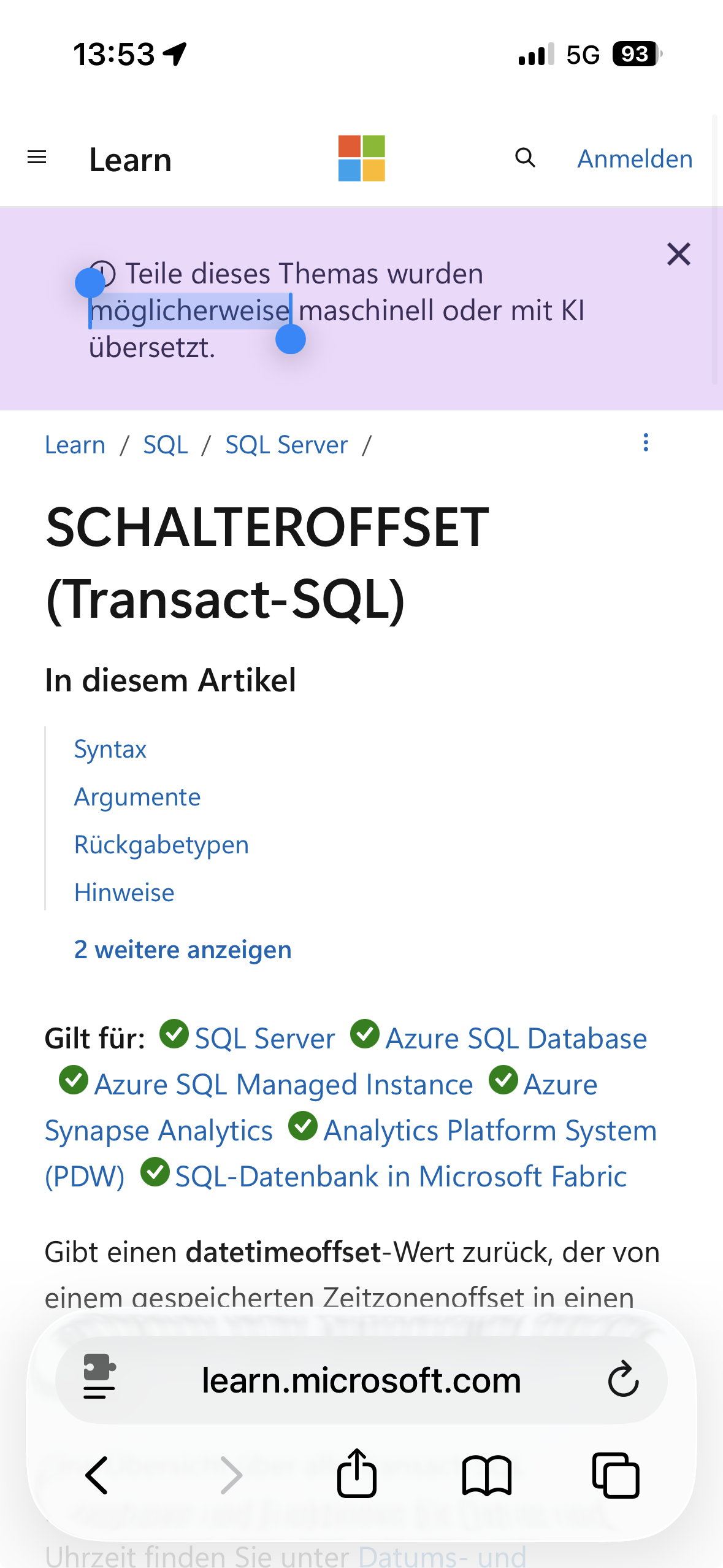 Screenshot von der KI-übersetzten Dokumentation der SQL-Server-Funktion „SWITCHOFFSET“. Der Name der Funktion wurde vonnöten KI in „SCHALTEROFFSET“ übersetzt. Ganz oben steht noch der Hinweis: „Teile dieses Themas wurden möglicherweise maschinell oder mit KI übersetzt.“