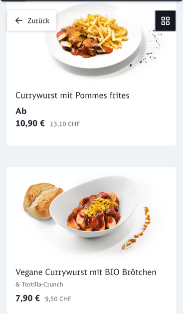 Curry Wurst mit Pommes 10.90 Euro oder 13.10 SFr