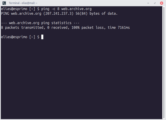 Screenshot meiner Terminalanwendung:

$ ping -c 8 web.archive.org
PING web.archive.org (207.241.237.3) 56(84) bytes of data.

--- web.archive.org ping statistics ---
8 packets transmitted, 0 received, 100% packet loss, time 7161ms

(Bedeutung: web.archive.org ist wirklich richtig übel down)