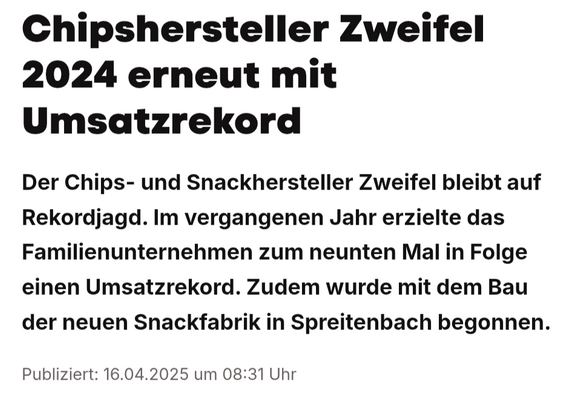 Screenshot eines Artikels mit der Überschrift «Chipshersteller Zweifel 2024 erneut mit Umsatzrekord». 