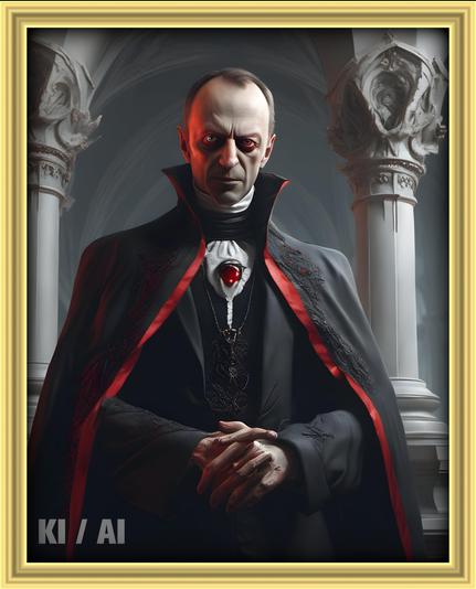 Mit einem angelernten neuronalen Netz (so genannte künstliche Intelligenz) erstelltes Bild von Bundeskanzler Friedrich Merz als Vampir.